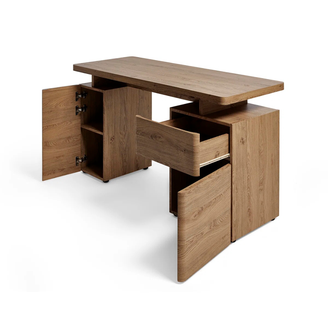 Wooden Contemporary Home Office Desk, angled view, white background, with drawers open