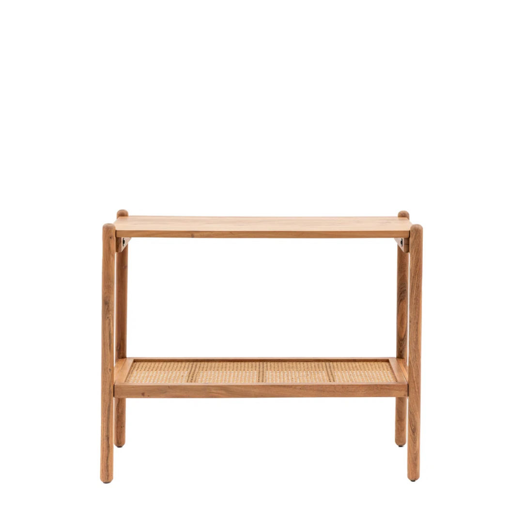 Wooden Rustic Console Table With Rattan Shelf