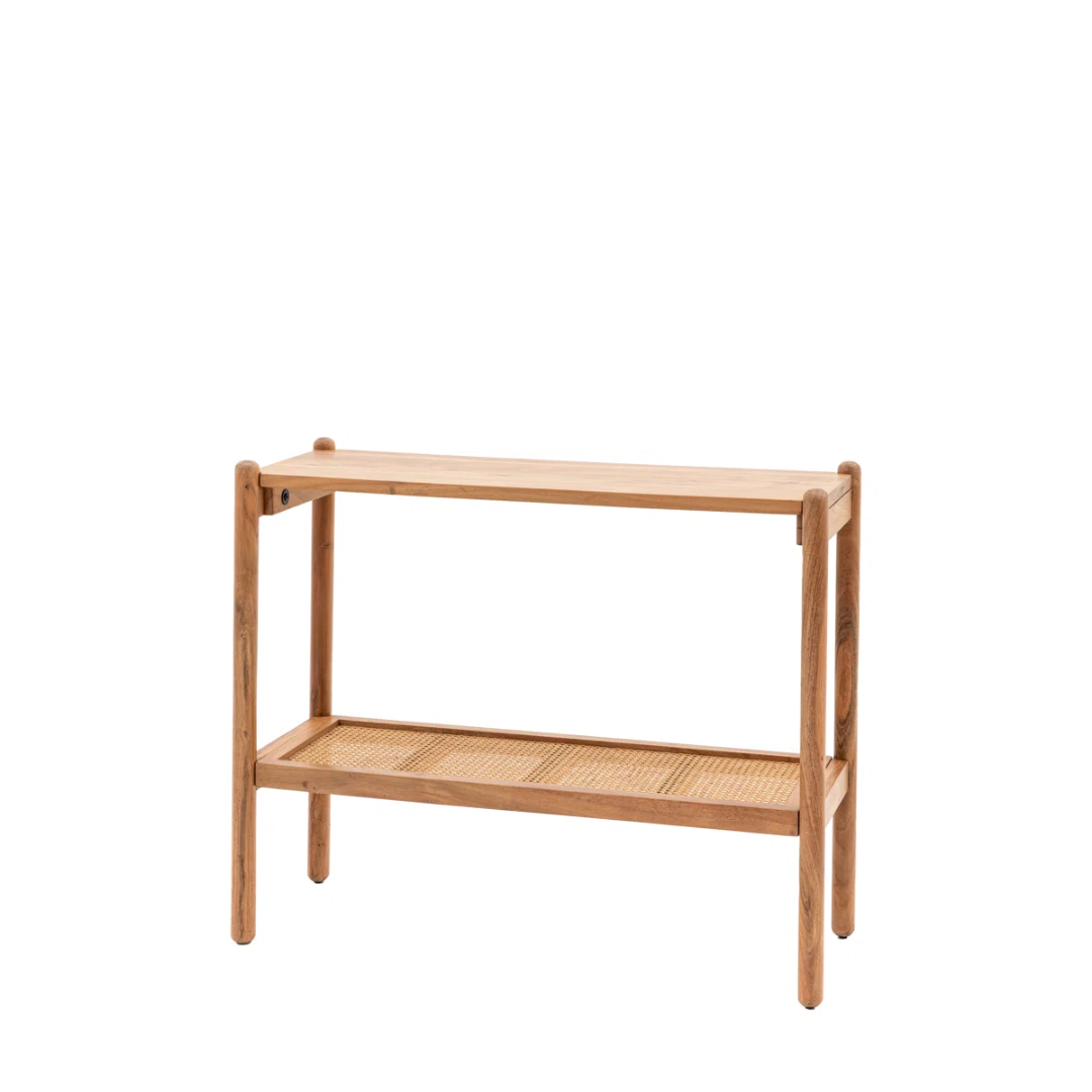 Wooden Rustic Console Table With Rattan Shelf