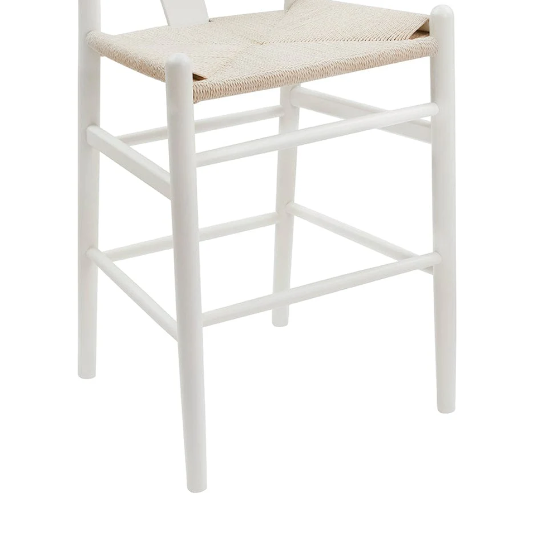 Woven White Wishbone Bar Stool close up of the wood frame