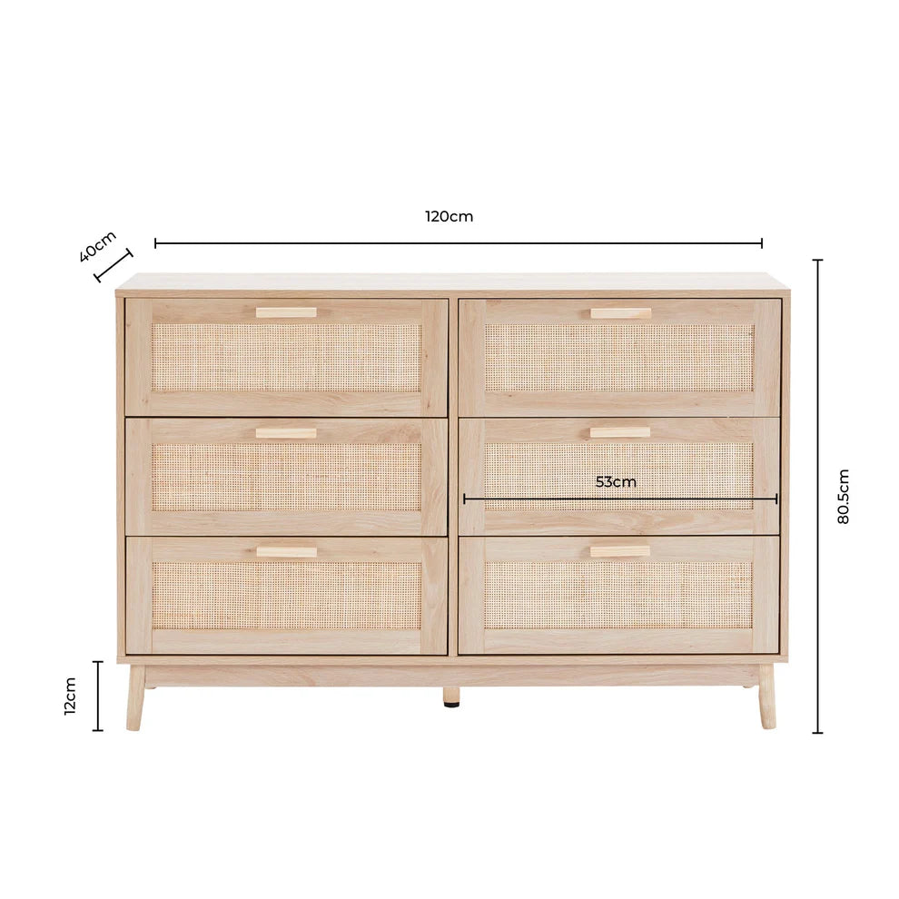 Scandi Rattan Black Bedroom Chests Of Drawers, Wooden cabinet with rattan doors and dimensions on a white background