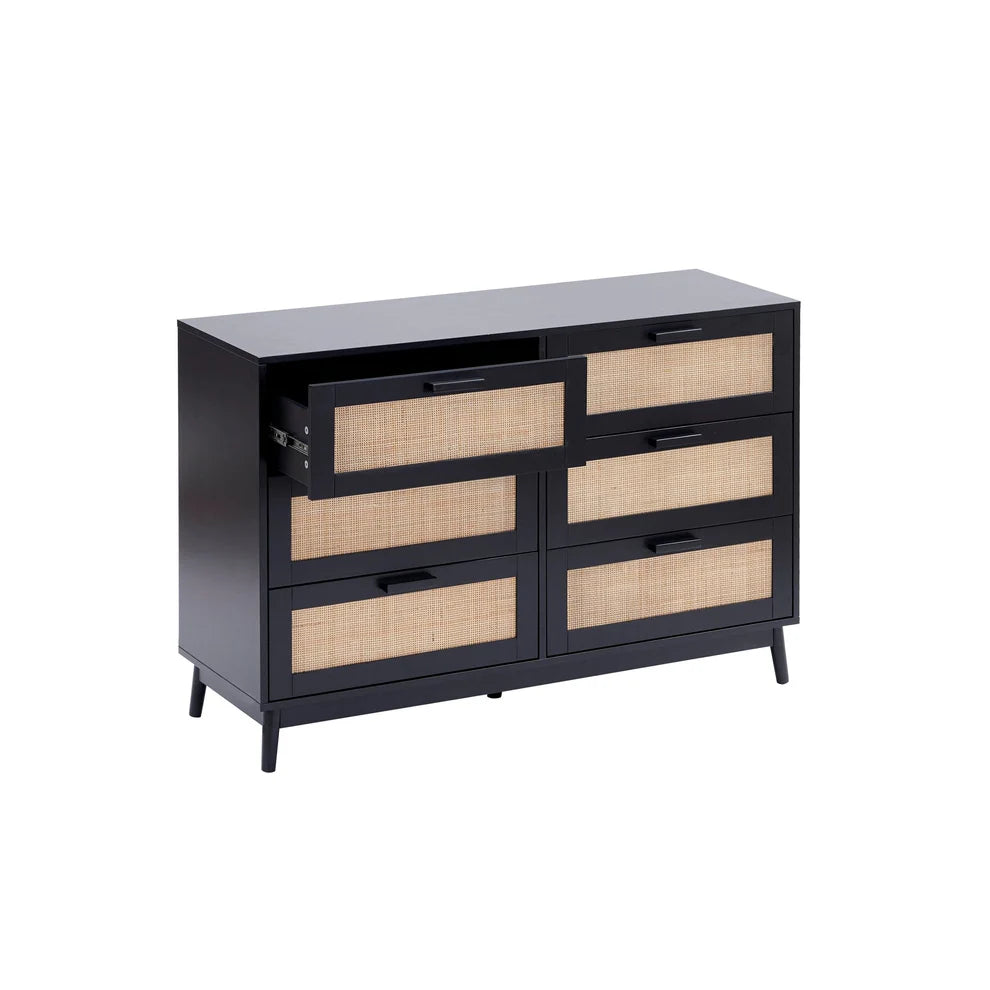 Black dresser with woven drawer fronts on a white background