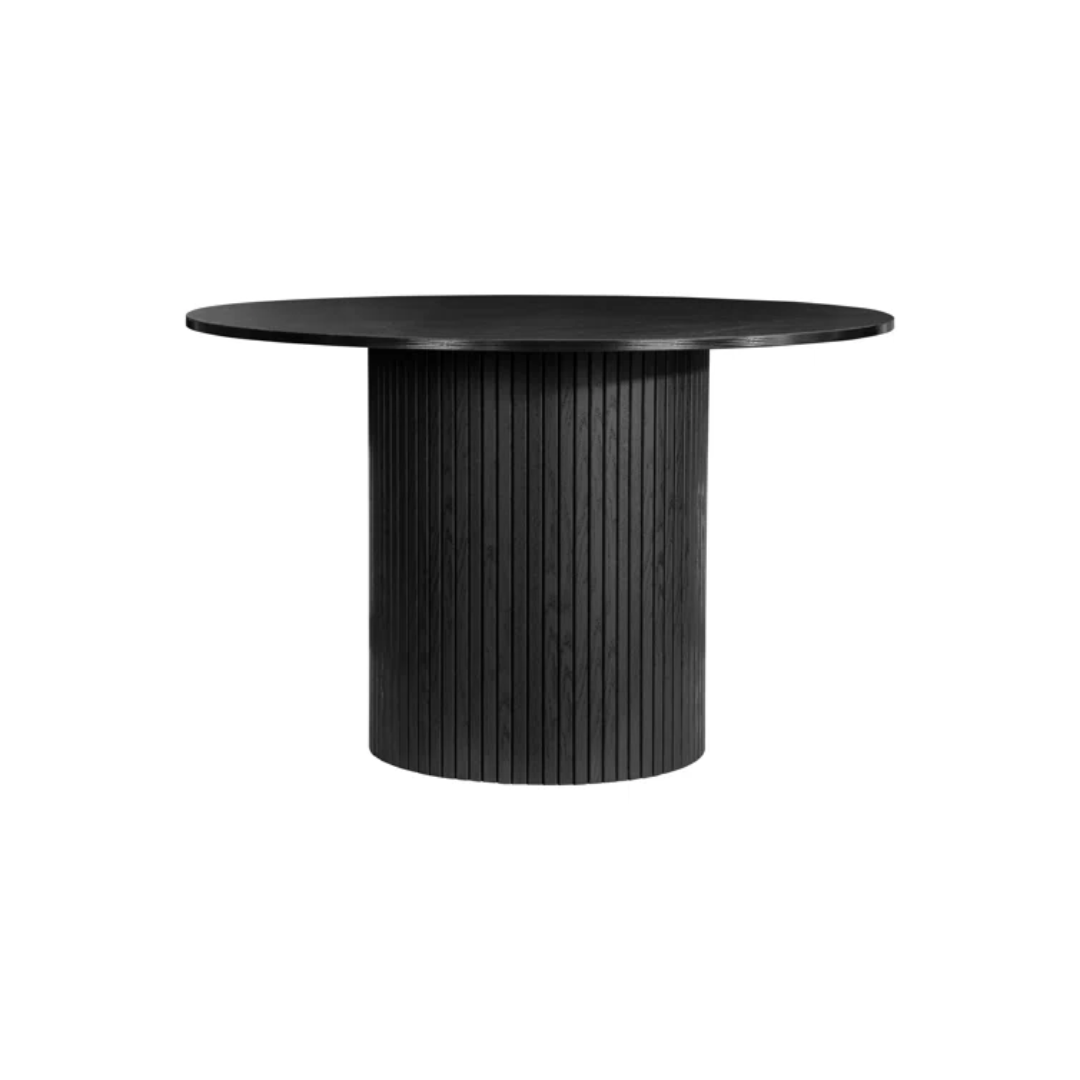 Black round table with ribbed cylindrical base on a white background