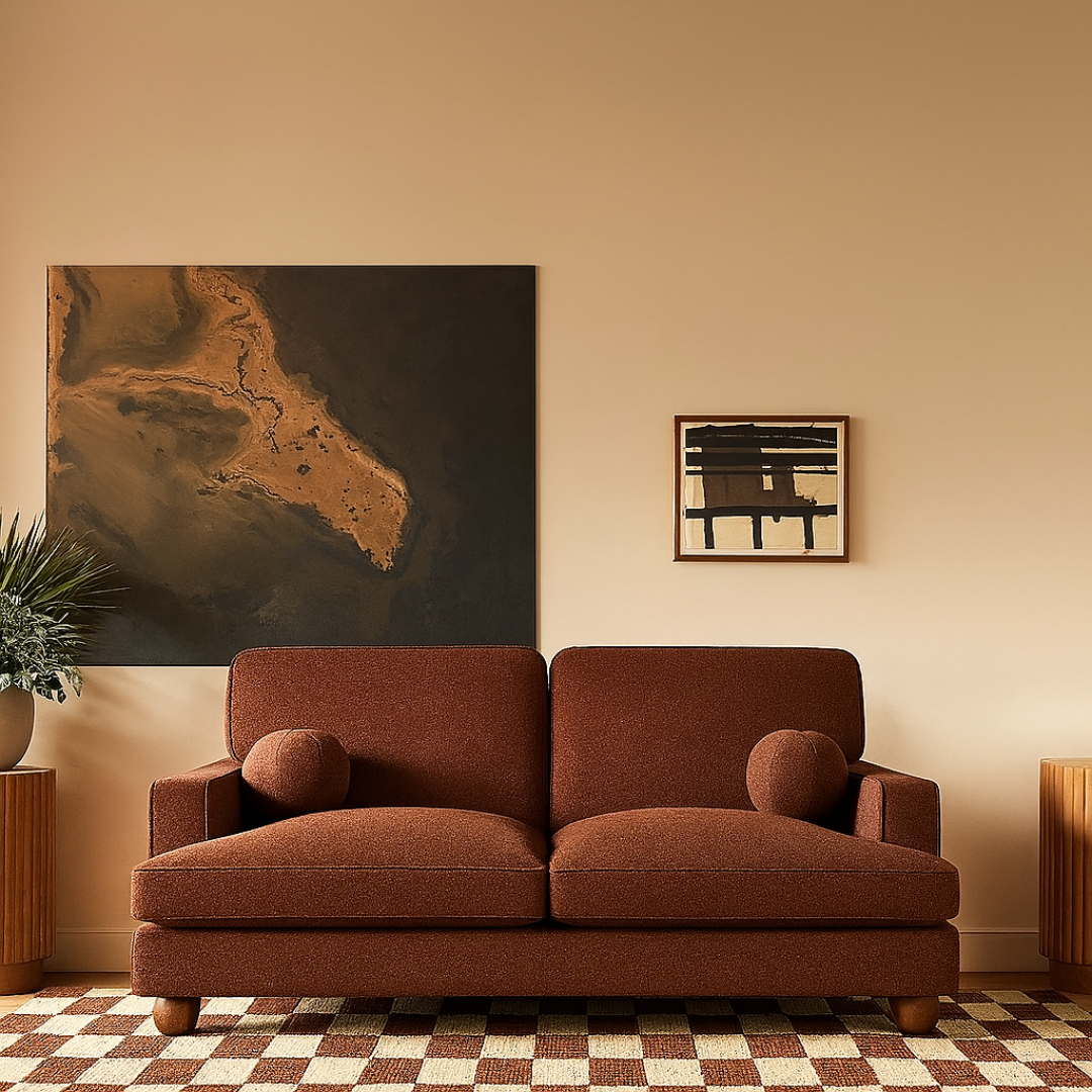 Image shows a brown 2 seater sofa set in a mid century styled home.