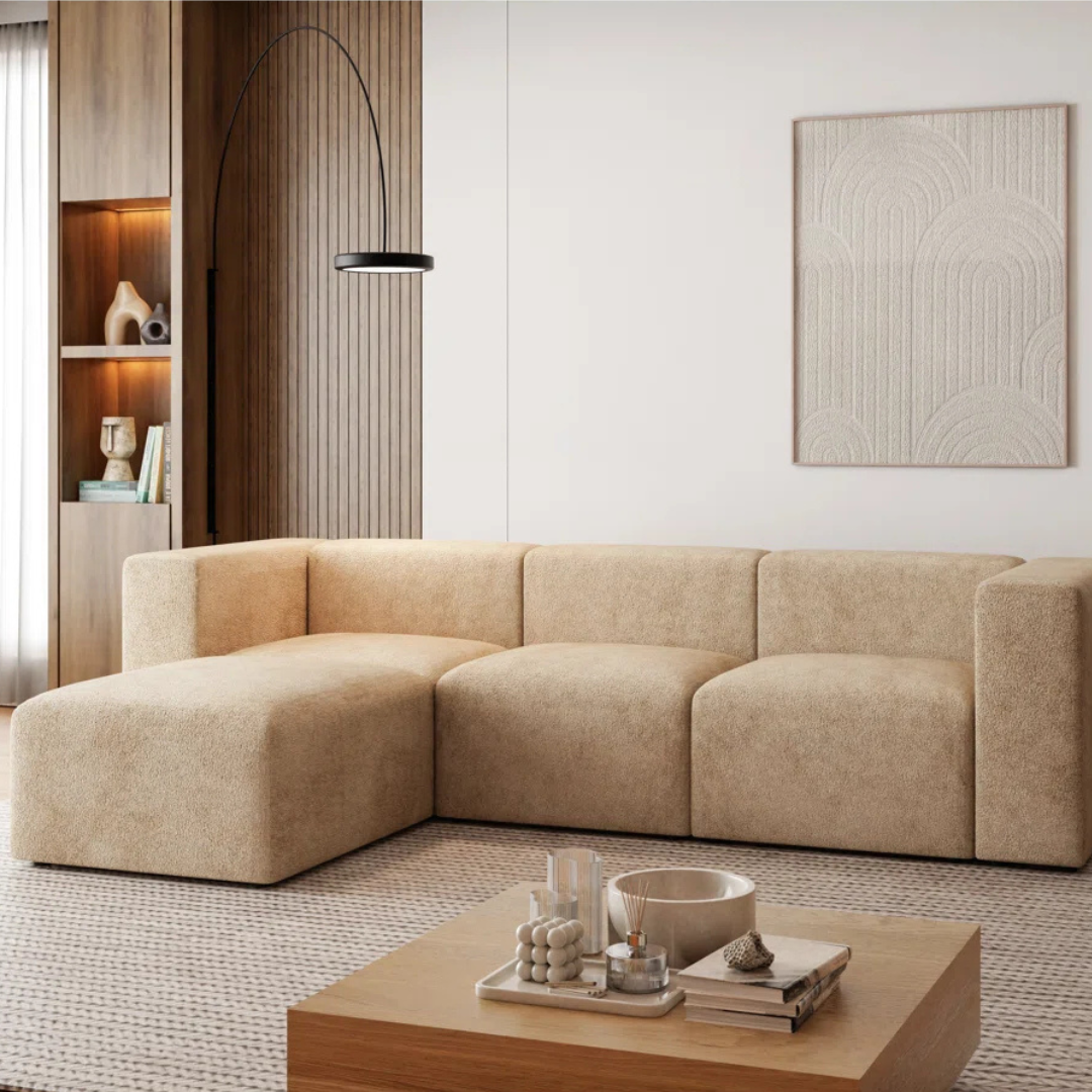 Image shows a beige boucle corner sofa set in a modern living room.
