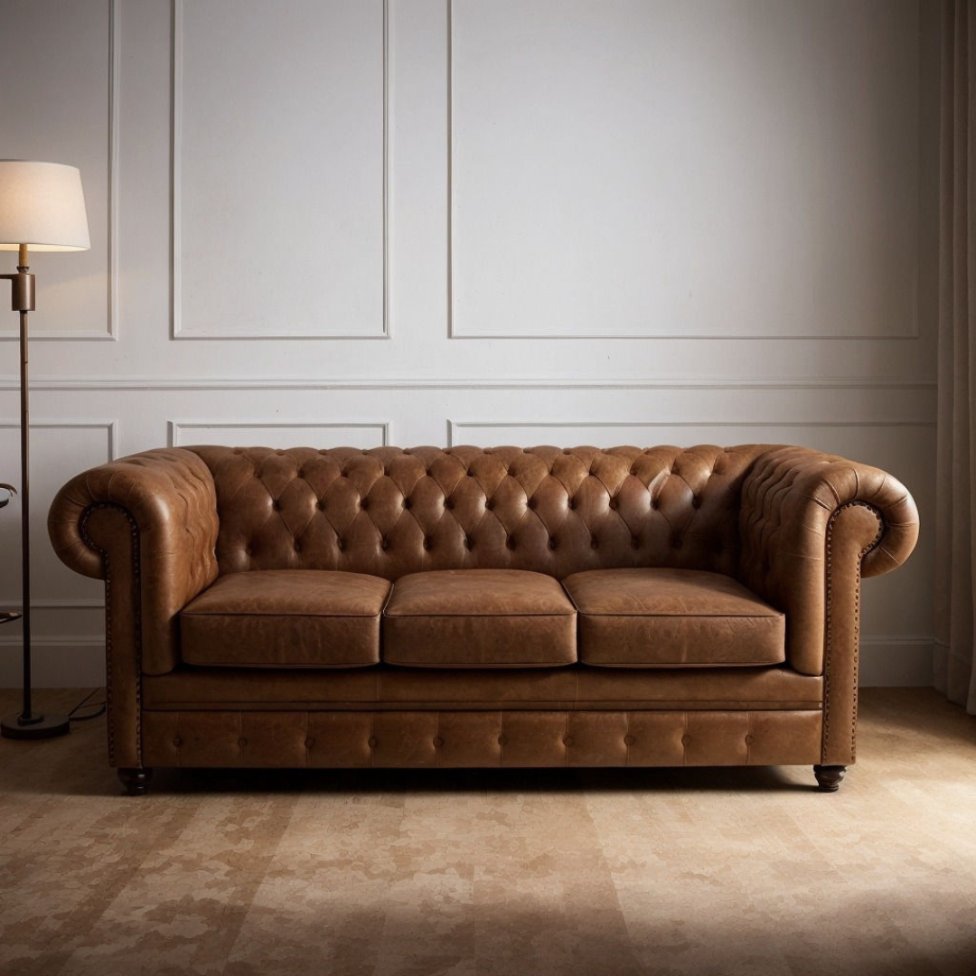 Image shows a brown chesterfield 3 seater sofa set in a modern home.