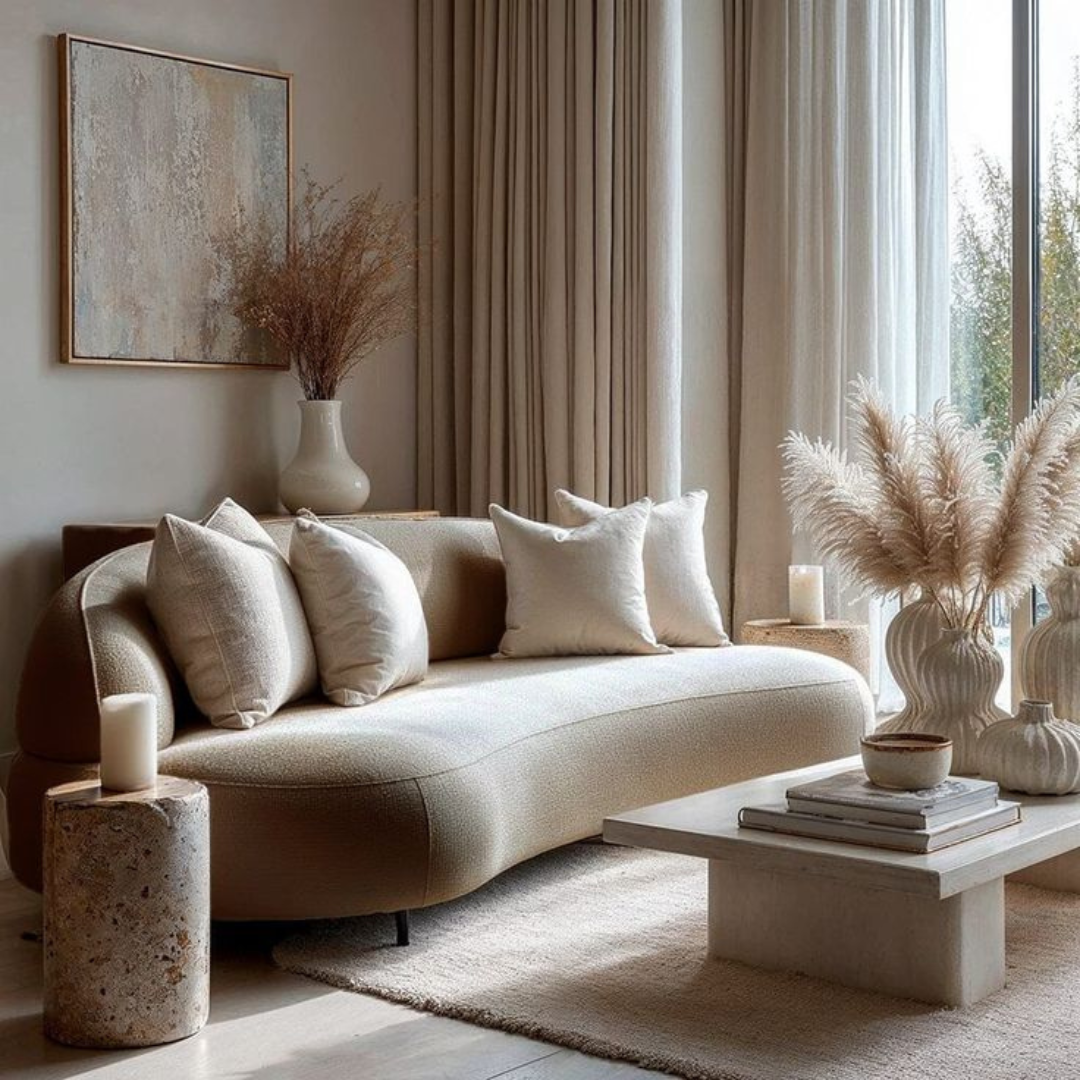 Image shows a 3 seater contemporary sofa set in a modern natural toned home, featuring a coffee table and ornaments.