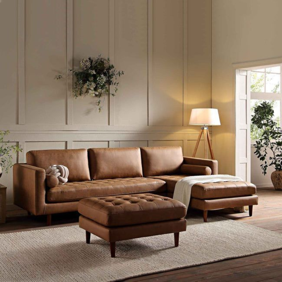 This image shows a mid century styled corner sofa made out of faux brown leather, set up in a modern home.
