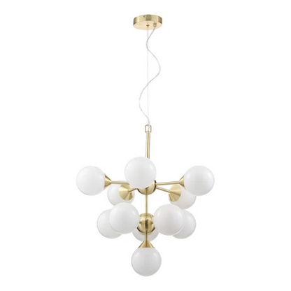 Modern chandelier with gold fixtures and white spherical bulbs on a white background