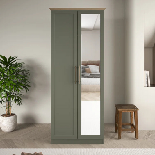 Sage Green wardrobe with a mirror door in a room with a plant and stool.