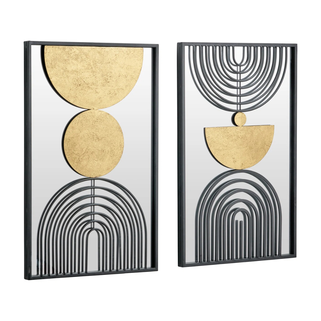 Two abstract wall art pieces with gold and black designs on a white background