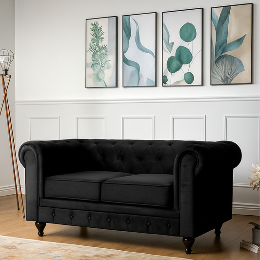 2-Seater Black Velvet Chesterfield Settee, set in a modern home.