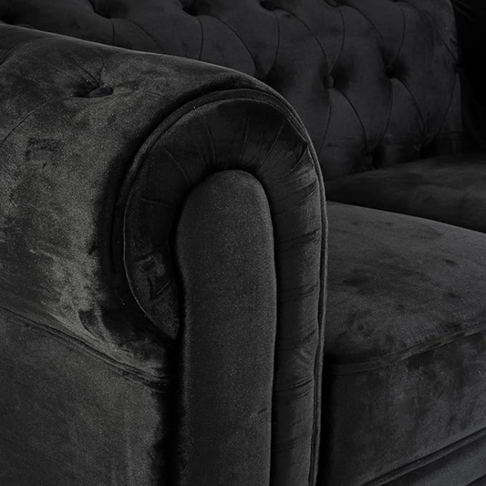 2-Seater Black Velvet Chesterfield Settee, close up of velvet material.