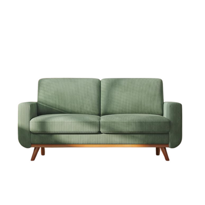Green sofa with wooden legs on a white background
