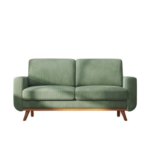 Green sofa with wooden legs on a white background