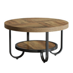 Coffee table with curved black legs and storage shelf, white background.