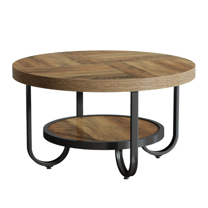 Coffee table with curved black legs and storage shelf, white background.