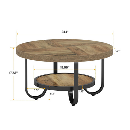Coffee table with curved black legs and storage shelf, dimensions.