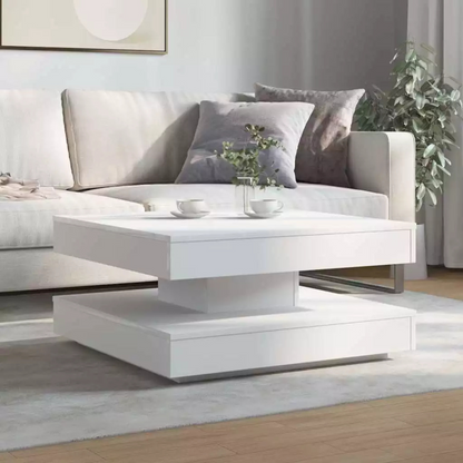 2-tier white coffee table with LED lights in a modern living room