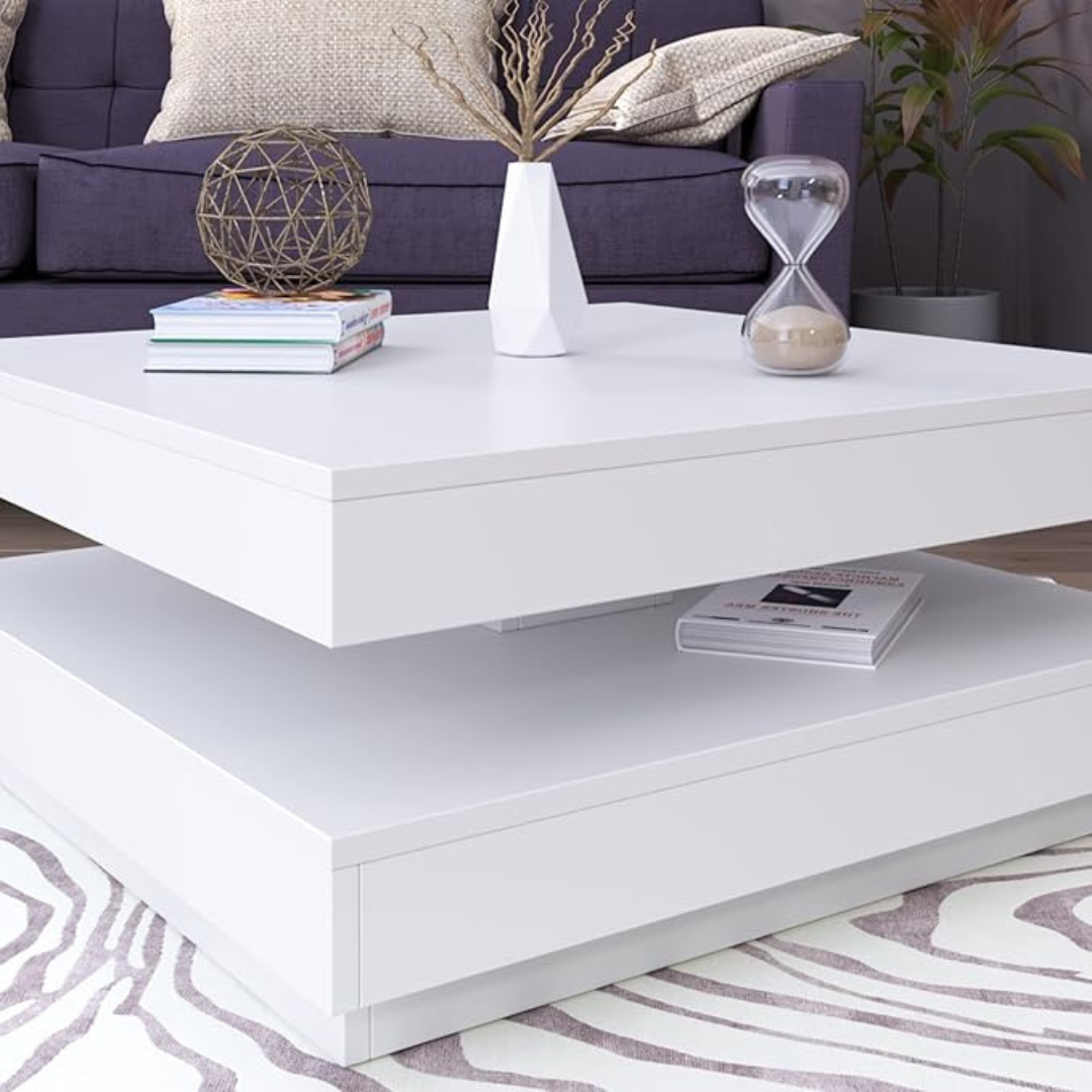 2-tier white coffee table with LED lights, close up.
