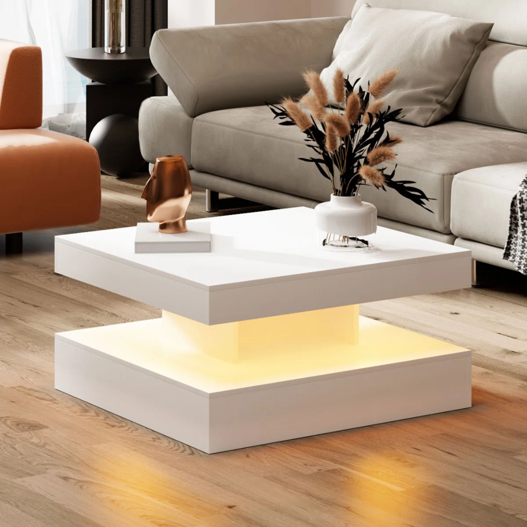2-tier white coffee table with LED lights, with the leds on.