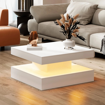 2-tier white coffee table with LED lights, with the leds on.