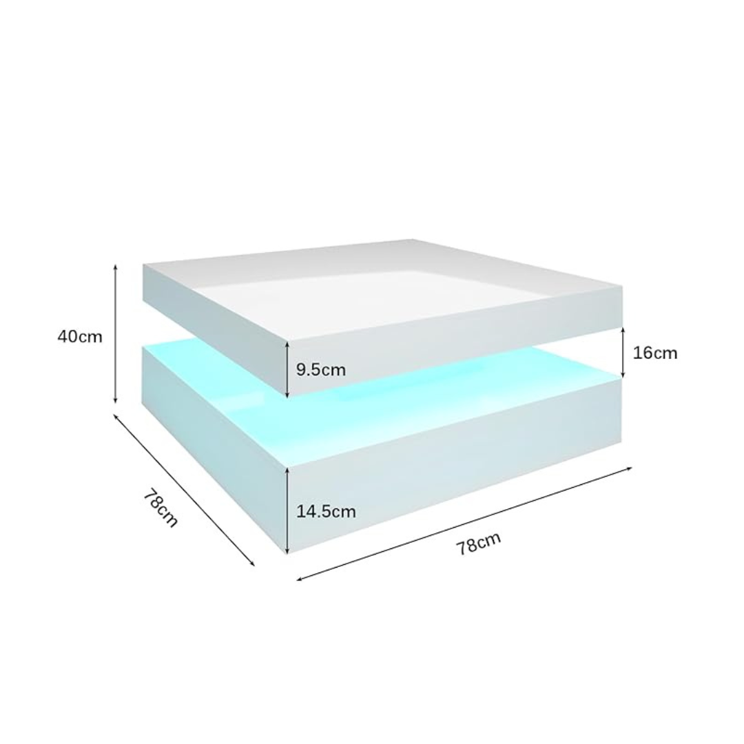 2-tier white coffee table with LED lights, dimensions.