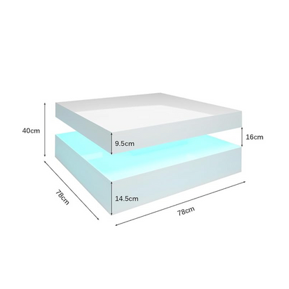 2-tier white coffee table with LED lights, dimensions.