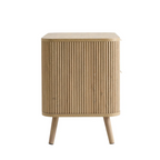 Wooden side table with a ribbed design on a white background