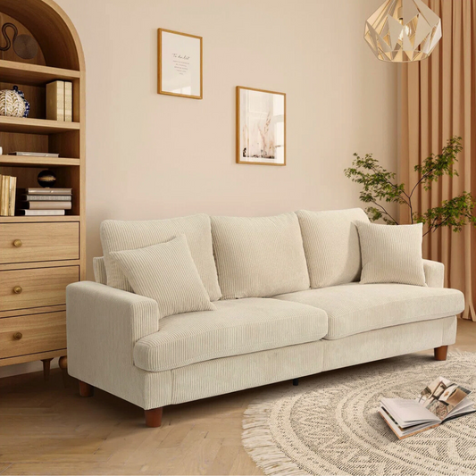 3-Seater Beige Corduroy Fabric Sofa, set in a warm toned modern home.