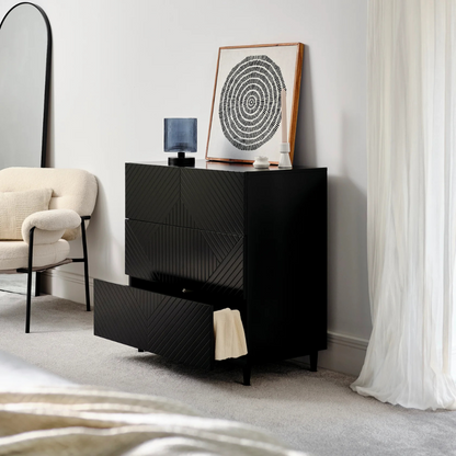 3 Geometric Black Bedroom Drawers, angled view in a modern home.