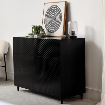 6 Geometric Black Bedroom Drawers, angled view, in a model modern home.