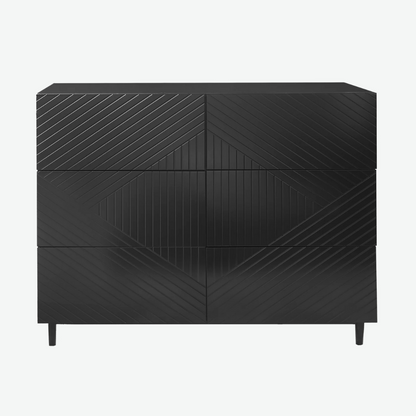 6 Geometric Black Bedroom Drawers, white background, front view.
