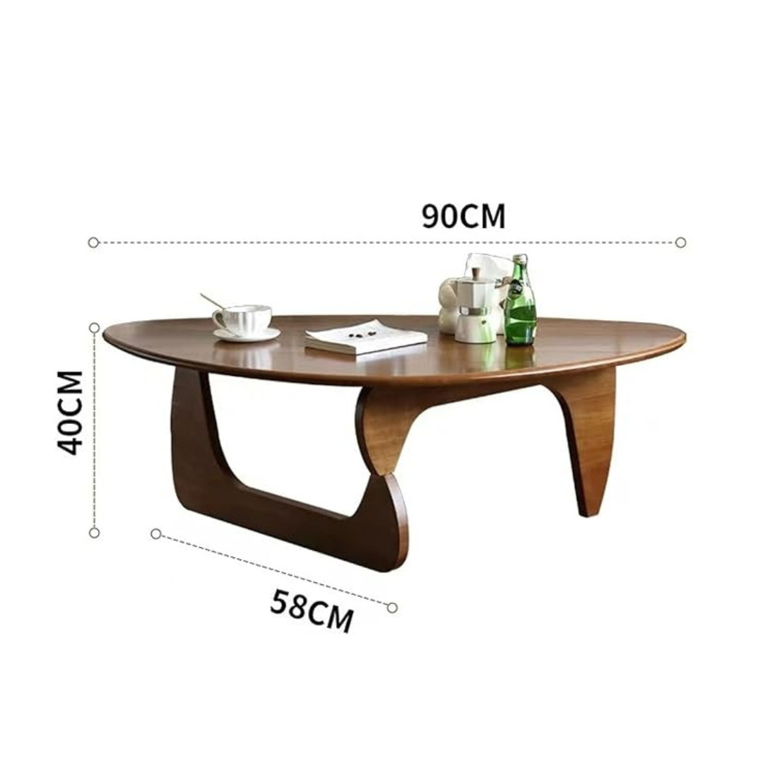 abstract mid century coffee table with sculptural wood base, dimensions.