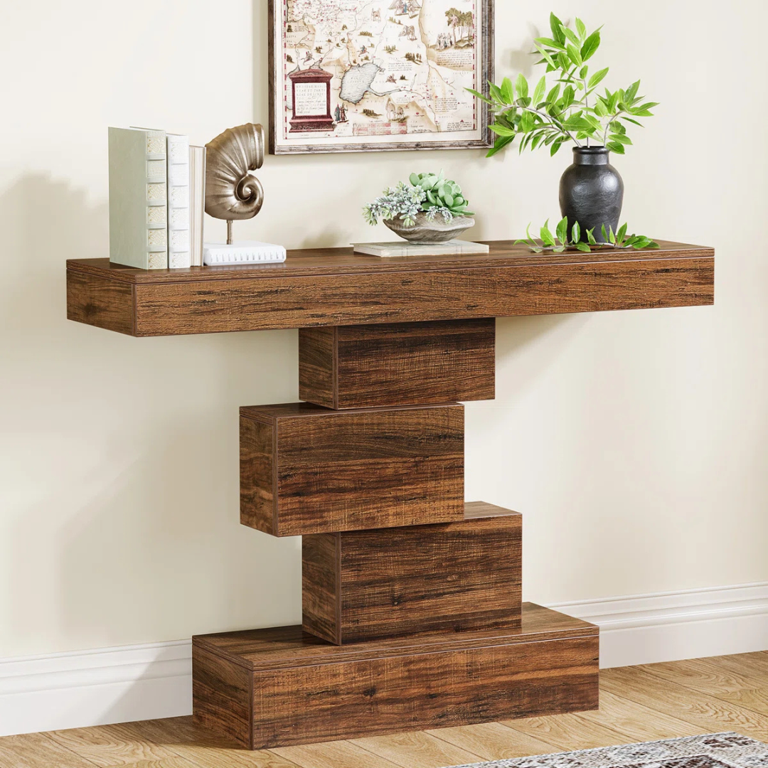 Abstract Wooden Console Table, angled view