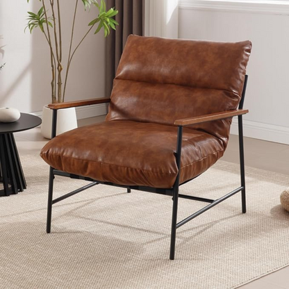 accent chair with metal frame and deep cushioned seat, brown cushions in a modern living space.