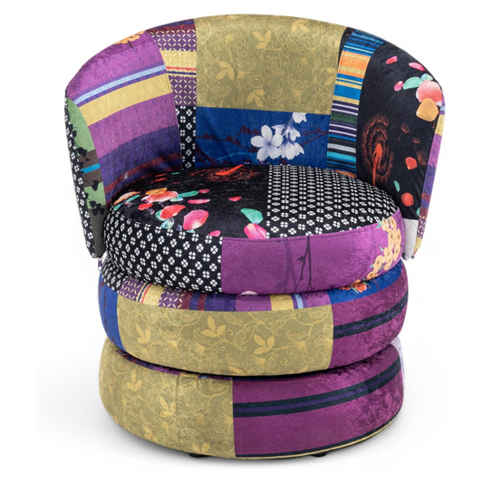 Accent Patchwork Fabric Swivel Armchair, front view.