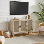 Acorn Rattan Sideboard With Storage, sat under a tv in a modern home.