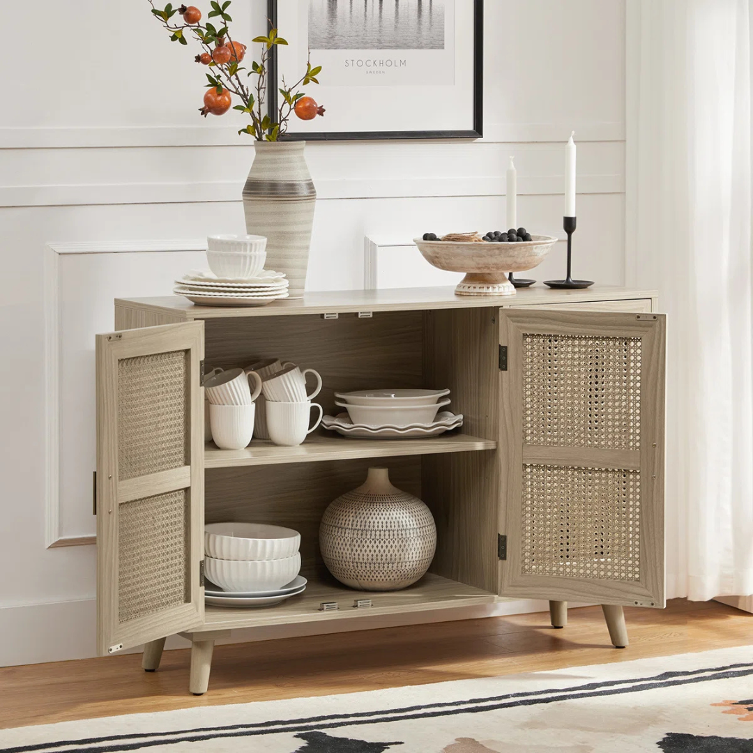 Acorn Rattan Sideboard With Storage, doors open.