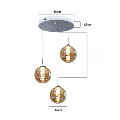 Pendant light fixture with three glass bulbs and measurements on a white background