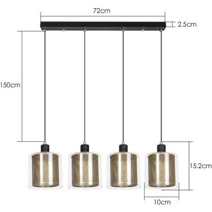 Pendant light fixture with dimensions labeled on a white background