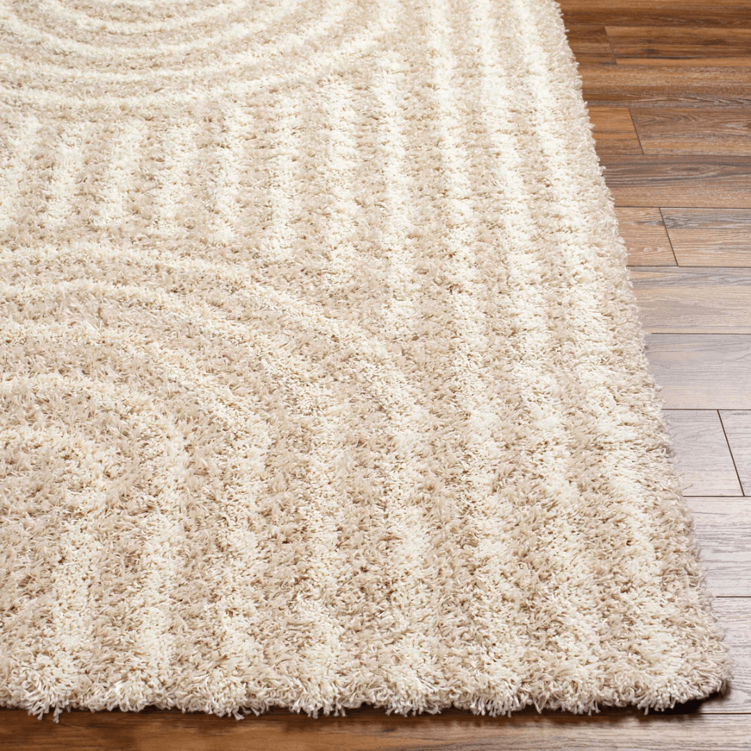 Beige shaggy rug on a wooden floor