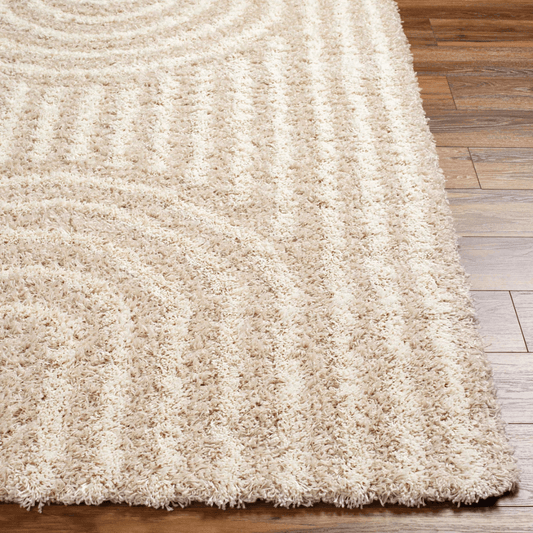 Beige shaggy rug on a wooden floor