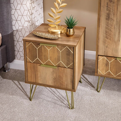 Art Deco Wood Bedside Drawers, set in a modern bedroom.