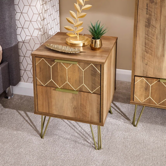 Art Deco Wood Bedside Drawers, set in a modern bedroom.