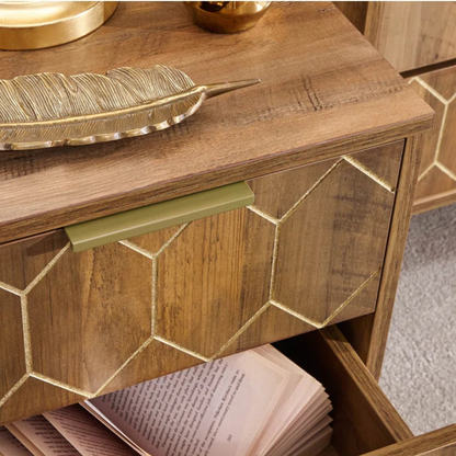 Art Deco Wood Bedside Drawers, close up of art deco pattern.