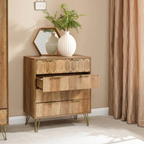 Art Deco Wooden Bedroom Chests Of Drawers, set in a modern bedroom, with drawer open.