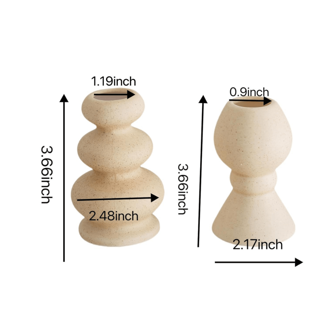 Dimensions of two ceramic candle holders on a white background