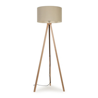 Triangular floor lamp with beige shade on a white background