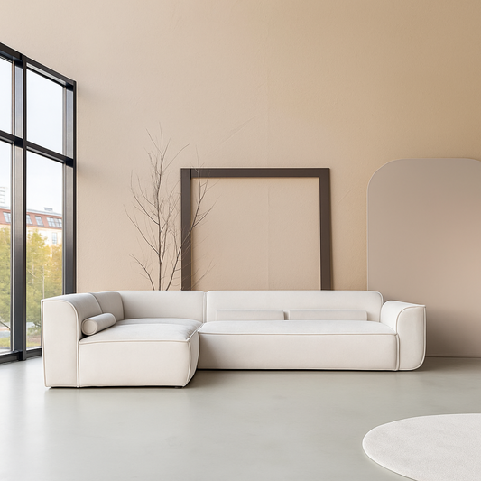 Beige Contemporary Sofa Sectional Modular, front view in a modern home.